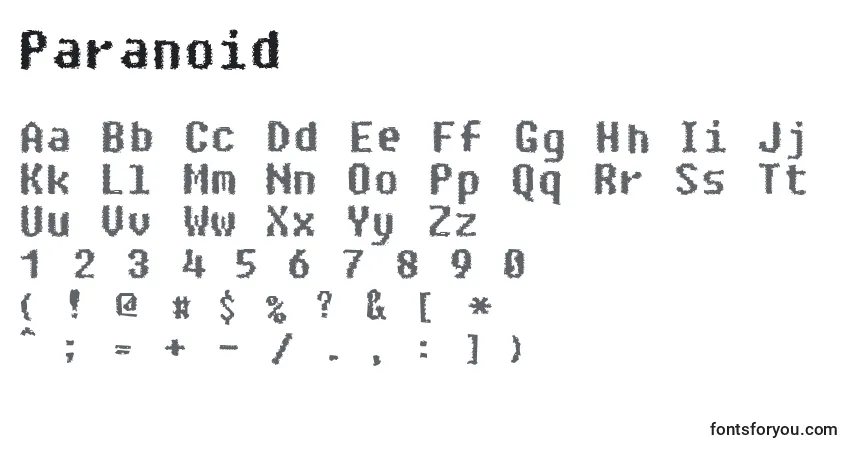 Schriftart Paranoid (94855) – Alphabet, Zahlen, spezielle Symbole
