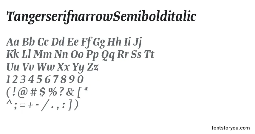 Czcionka TangerserifnarrowSemibolditalic – alfabet, cyfry, specjalne znaki