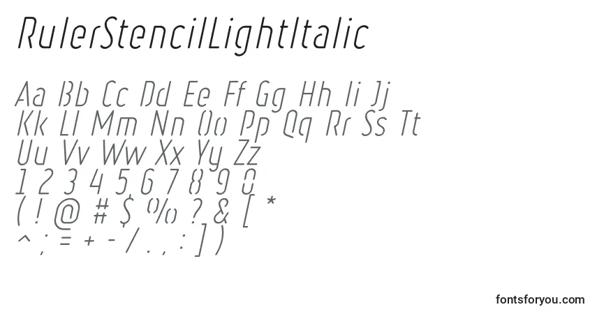 Czcionka RulerStencilLightItalic – alfabet, cyfry, specjalne znaki