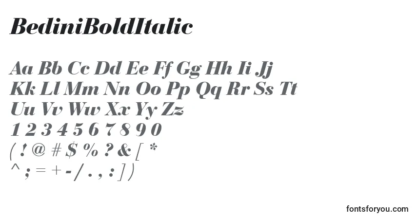 Czcionka BediniBoldItalic – alfabet, cyfry, specjalne znaki