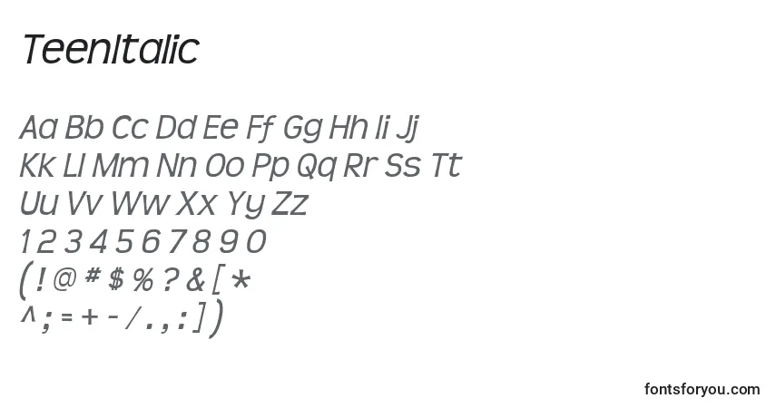 Шрифт TeenItalic – алфавит, цифры, специальные символы