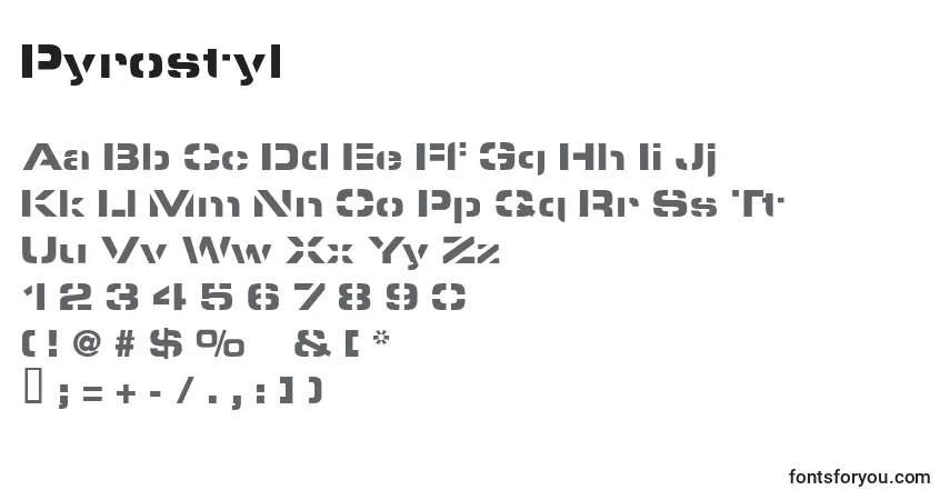 Schriftart Pyrostyl – Alphabet, Zahlen, spezielle Symbole