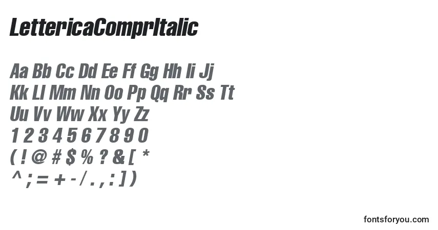 Czcionka LettericaComprItalic – alfabet, cyfry, specjalne znaki