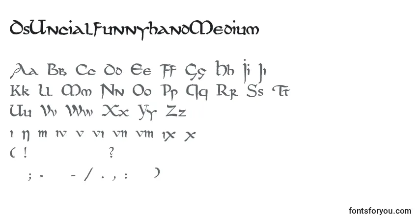 A fonte DsUncialfunnyhandMedium – alfabeto, números, caracteres especiais
