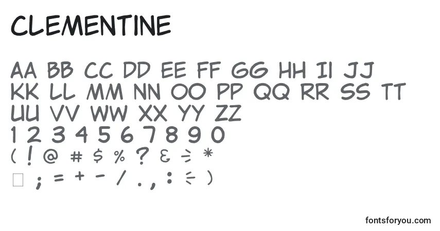 A fonte Clementine – alfabeto, números, caracteres especiais