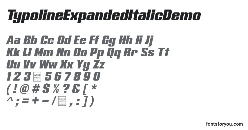 TypolineExpandedItalicDemo-fontti – aakkoset, numerot, erikoismerkit