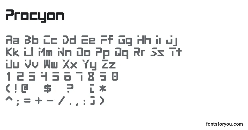 Czcionka Procyon – alfabet, cyfry, specjalne znaki