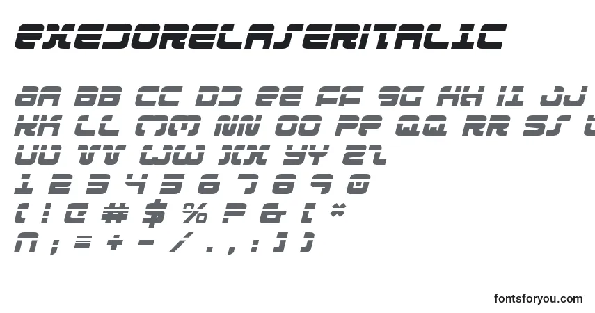 Czcionka ExedoreLaserItalic – alfabet, cyfry, specjalne znaki