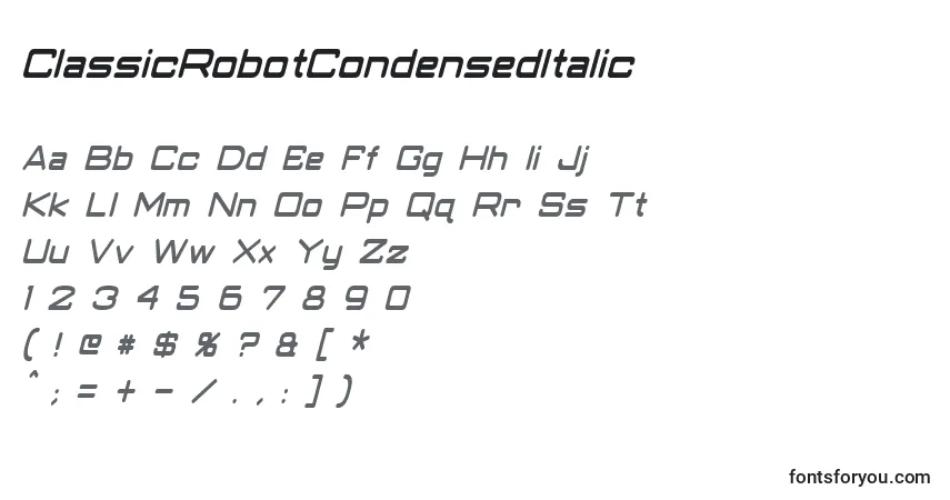 caractères de police classicrobotcondenseditalic, lettres de police classicrobotcondenseditalic, alphabet de police classicrobotcondenseditalic