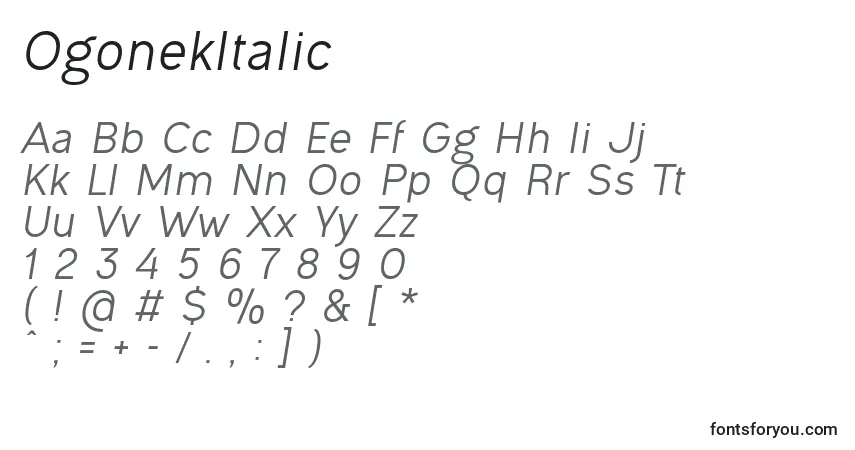 OgonekItalic-fontti – aakkoset, numerot, erikoismerkit