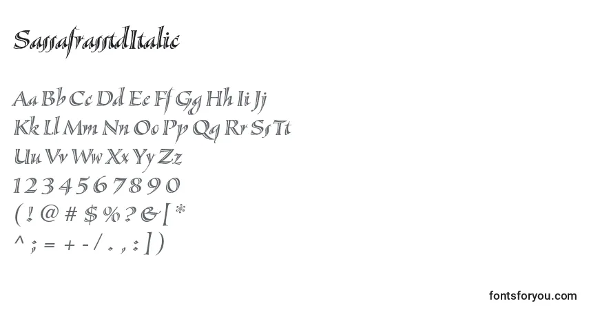 Czcionka SassafrasstdItalic – alfabet, cyfry, specjalne znaki