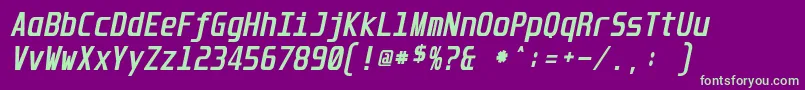 UnispaceBoldItalic-Schriftart – Grüne Schriften auf violettem Hintergrund