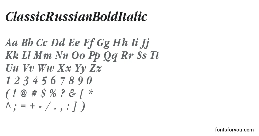 A fonte ClassicRussianBoldItalic – alfabeto, números, caracteres especiais