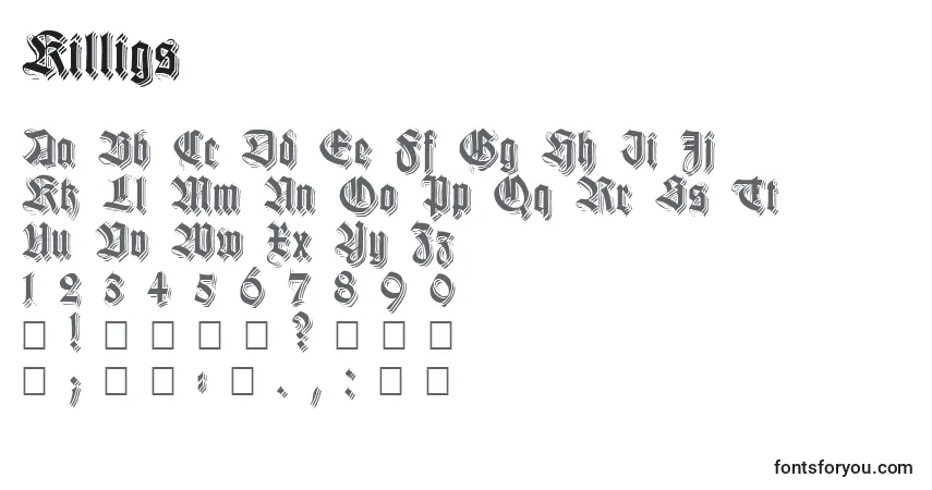 Czcionka Killigs – alfabet, cyfry, specjalne znaki