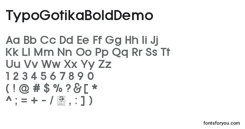Czcionka TypoGotikaBoldDemo – alfabet, cyfry, specjalne znaki