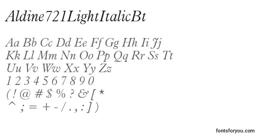 A fonte Aldine721LightItalicBt – alfabeto, números, caracteres especiais