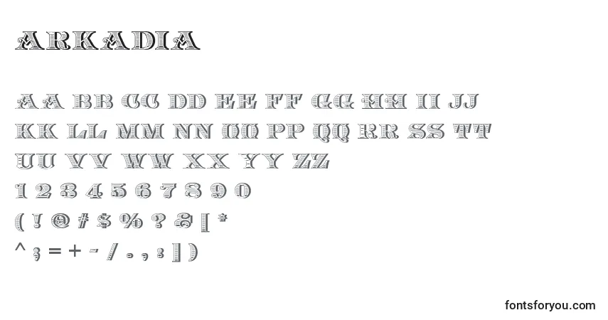 A fonte Arkadia (95133) – alfabeto, números, caracteres especiais