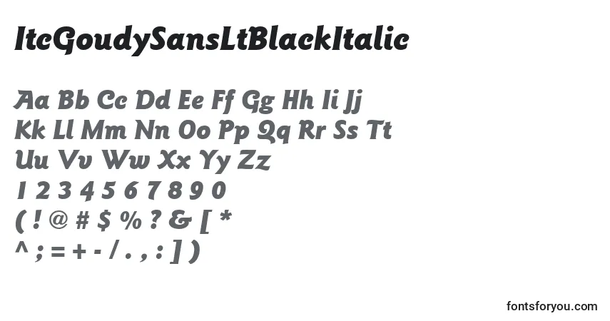 A fonte ItcGoudySansLtBlackItalic – alfabeto, números, caracteres especiais