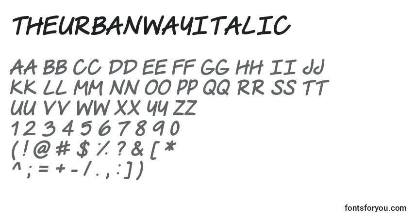 Schriftart TheUrbanWayItalic – Alphabet, Zahlen, spezielle Symbole