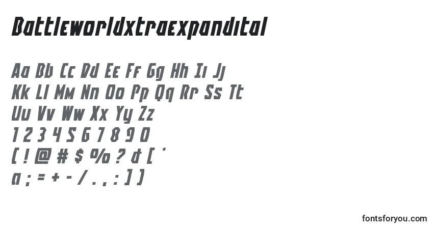 Czcionka Battleworldxtraexpandital – alfabet, cyfry, specjalne znaki