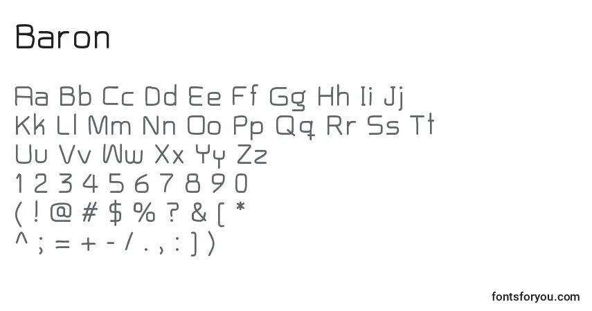 Czcionka Baron – alfabet, cyfry, specjalne znaki