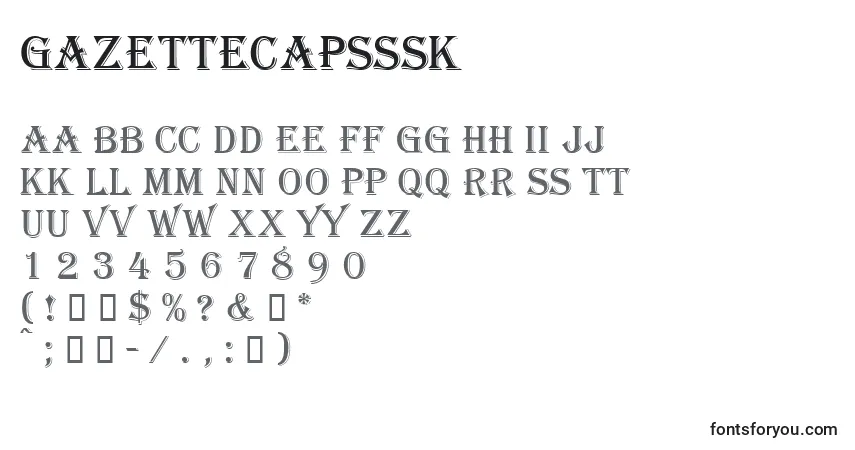 A fonte Gazettecapsssk – alfabeto, números, caracteres especiais