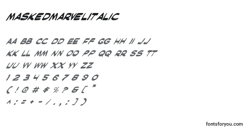 Czcionka MaskedMarvelItalic – alfabet, cyfry, specjalne znaki