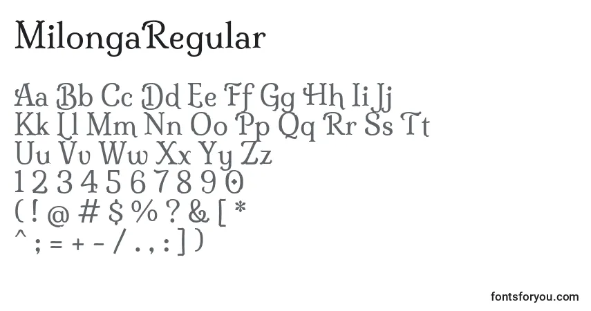 Шрифт MilongaRegular – алфавит, цифры, специальные символы