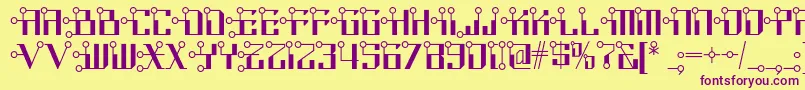 Circuitborednf-Schriftart – Violette Schriften auf gelbem Hintergrund