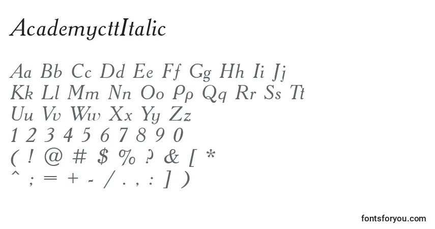Schriftart AcademycttItalic – Alphabet, Zahlen, spezielle Symbole