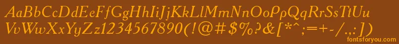 AcademycttItalic-Schriftart – Orangefarbene Schriften auf braunem Hintergrund