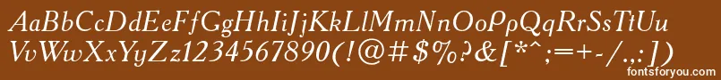 AcademycttItalic-Schriftart – Weiße Schriften auf braunem Hintergrund