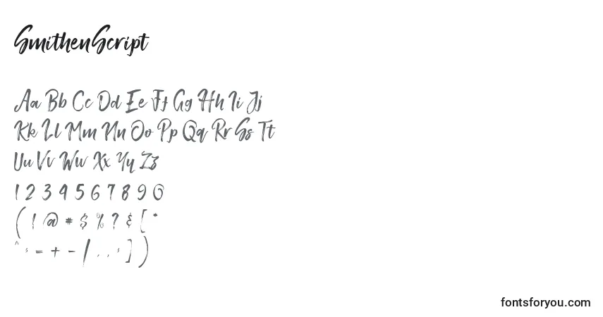 Schriftart SmithenScript (95257) – Alphabet, Zahlen, spezielle Symbole