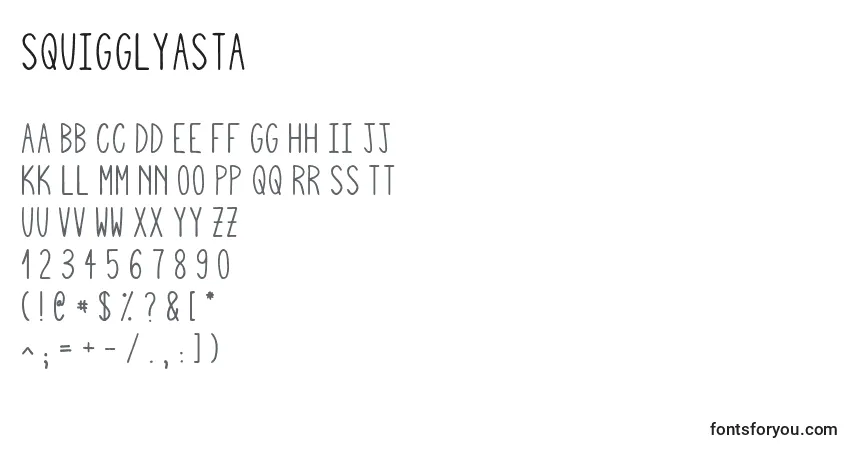 Czcionka Squigglyasta (95268) – alfabet, cyfry, specjalne znaki