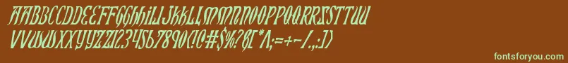 フォントXiphosCondensedItalic – 緑色の文字が茶色の背景にあります。