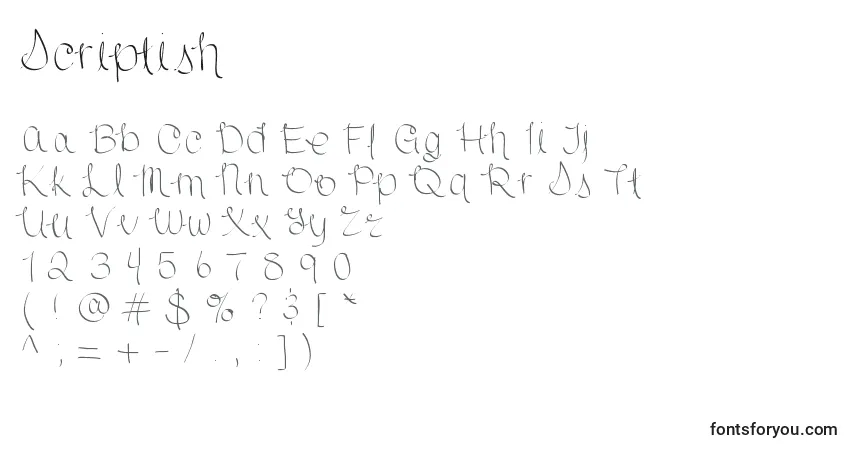 Czcionka Scriptish – alfabet, cyfry, specjalne znaki