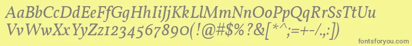 VollkornItalic-fontti – harmaat kirjasimet keltaisella taustalla