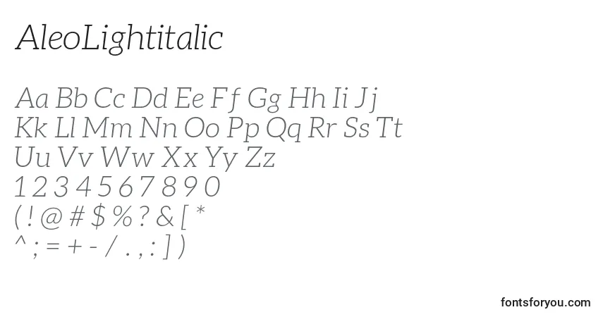 Czcionka AleoLightitalic – alfabet, cyfry, specjalne znaki