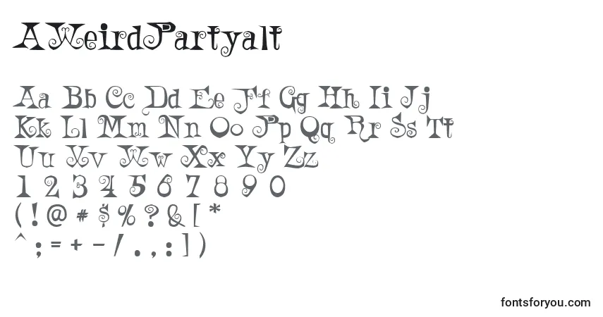 Schriftart AWeirdPartyalt – Alphabet, Zahlen, spezielle Symbole