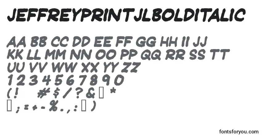 Czcionka JeffreyprintJlBoldItalic – alfabet, cyfry, specjalne znaki