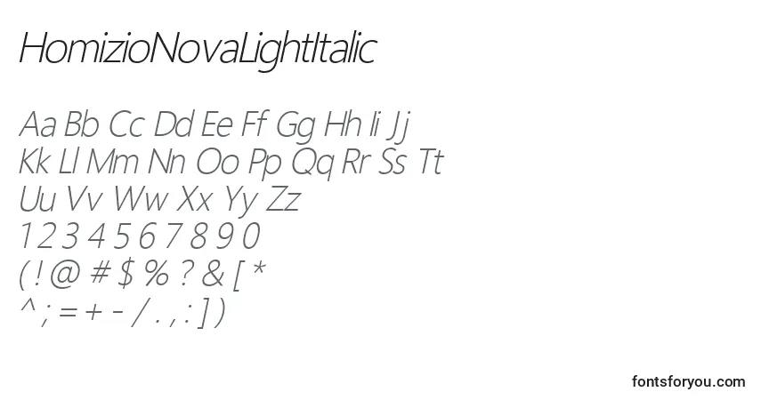 A fonte HomizioNovaLightItalic – alfabeto, números, caracteres especiais