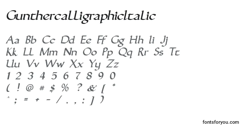 GunthercalligraphicItalicフォント–アルファベット、数字、特殊文字