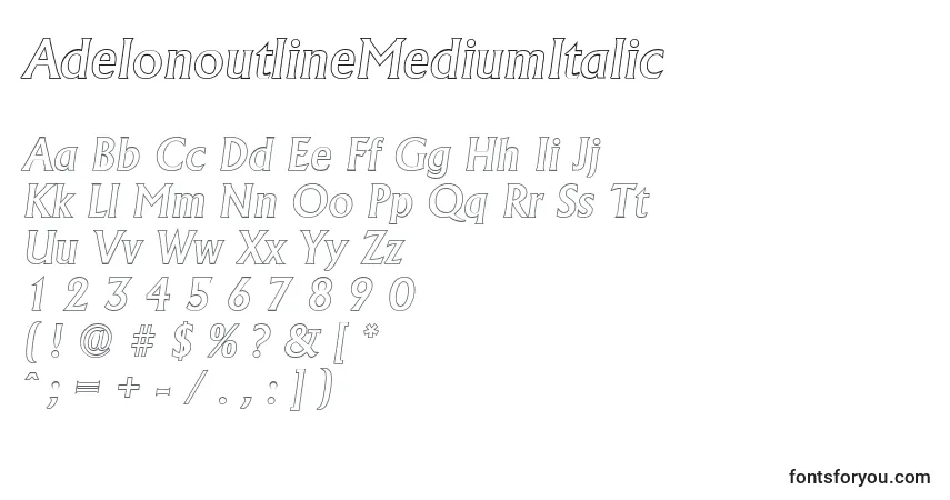 A fonte AdelonoutlineMediumItalic – alfabeto, números, caracteres especiais