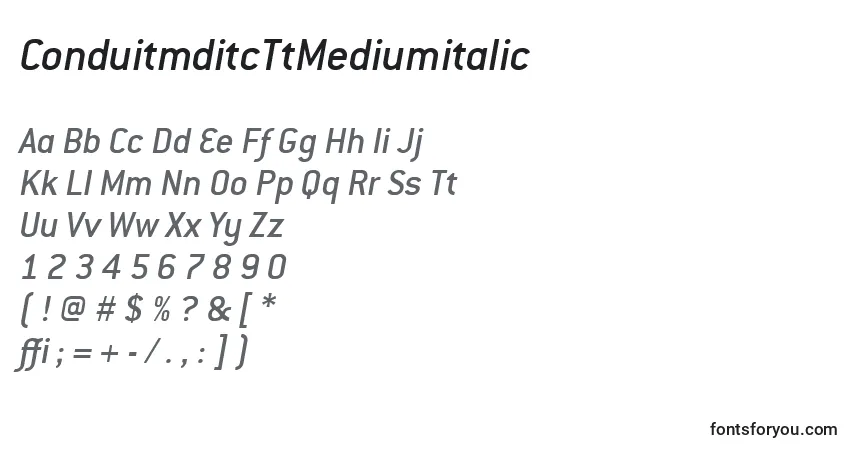 Шрифт ConduitmditcTtMediumitalic – алфавит, цифры, специальные символы