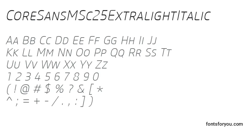 Шрифт CoreSansMSc25ExtralightItalic – алфавит, цифры, специальные символы