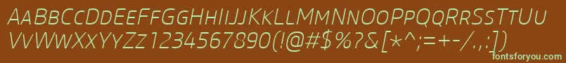 フォントCoreSansMSc25ExtralightItalic – 緑色の文字が茶色の背景にあります。