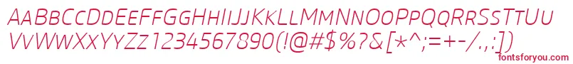 フォントCoreSansMSc25ExtralightItalic – 白い背景に赤い文字