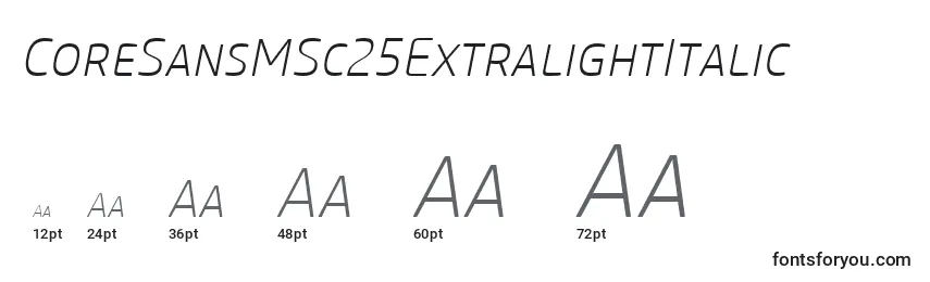 Размеры шрифта CoreSansMSc25ExtralightItalic