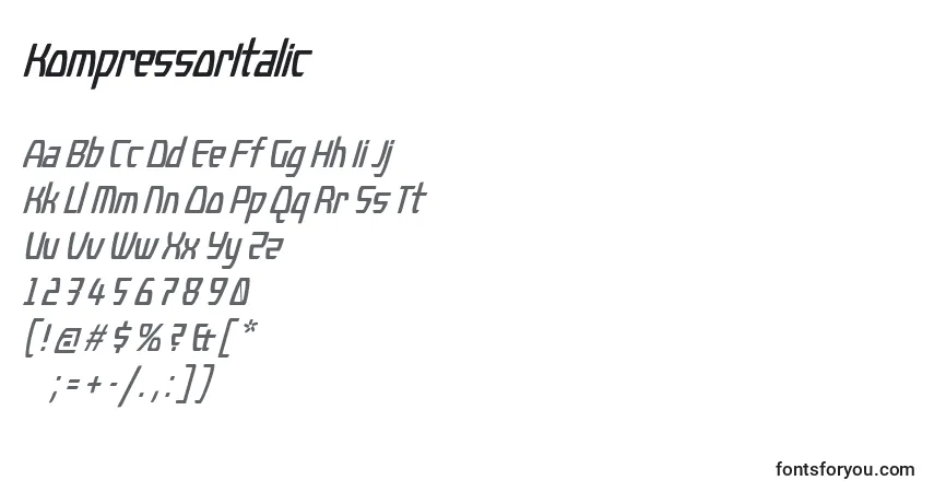 Шрифт KompressorItalic – алфавит, цифры, специальные символы