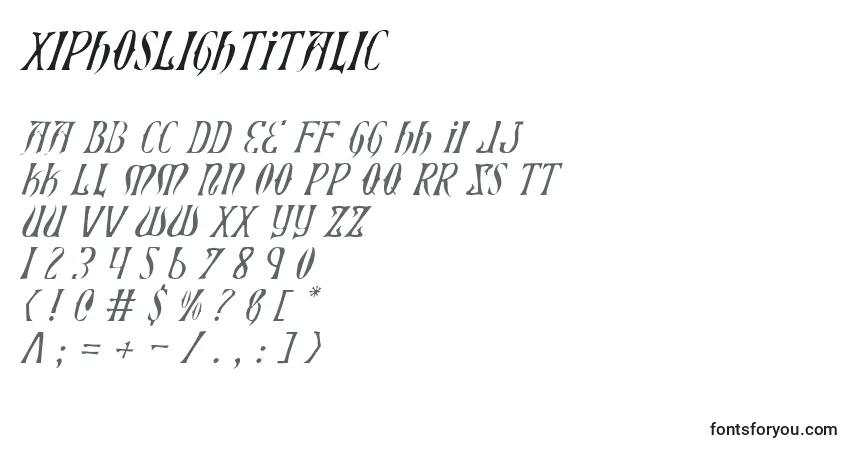 Шрифт XiphosLightItalic – алфавит, цифры, специальные символы
